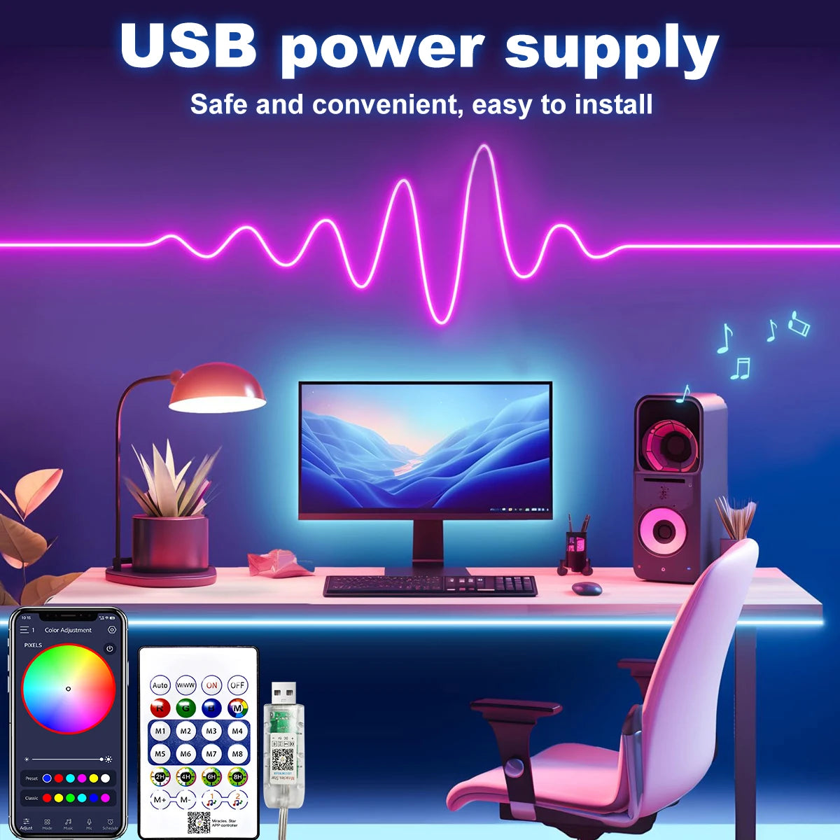 RGB Neon Rope Lights, USB LED Strip Light 1M 2M 3M 5M